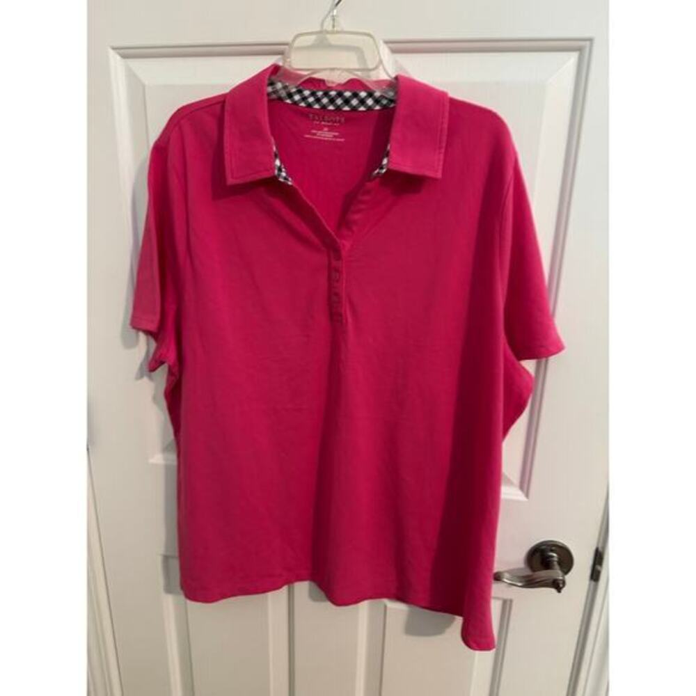 Talbots Plus Short Sleeve Cotton Polo Pink Gingham Trim Collar 3X